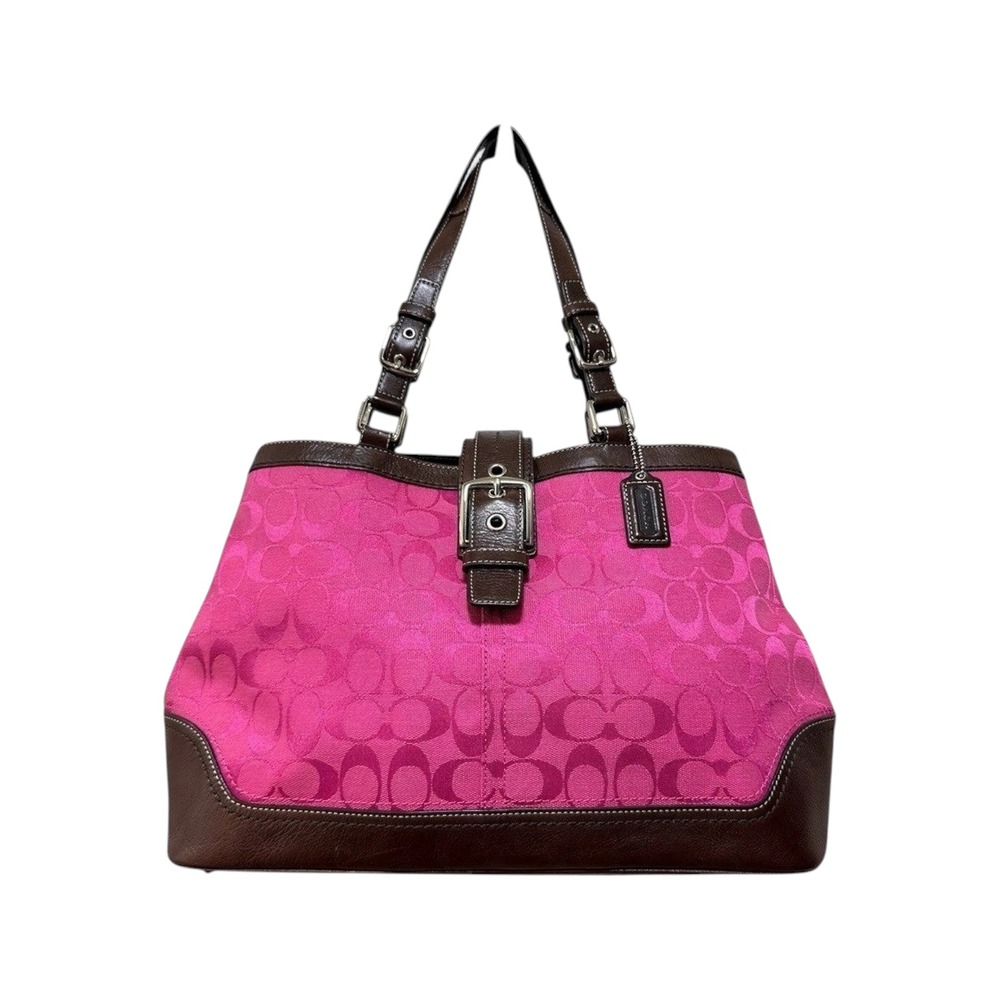 Coach Hamptons Large Tote Bag‎ Pink Signature Jacquard Y2K Brown Leather F13021